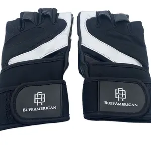 BUFF AMERICAN Weight Lifting Gloves with Wrist Strap Support, Black and White Design, Durable Material for Effective Training.