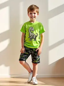 Boys' Dinosaur Set, Shorts, Fluorescent Trendy Design, Breathable Comfort Daily Wear, Casual Fitted All over Print