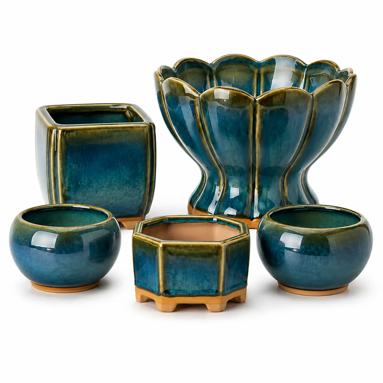 5-Piece Lake Blue Ceramic Succulent Planter Set, Kiln-Fired Mixed-Shape Flower Pots for Growing Succulents, Cacti, Herbs, and Potted Plants, Indoor/Outdoor Use—Patio, Balcony, Windowsill & Table Decor