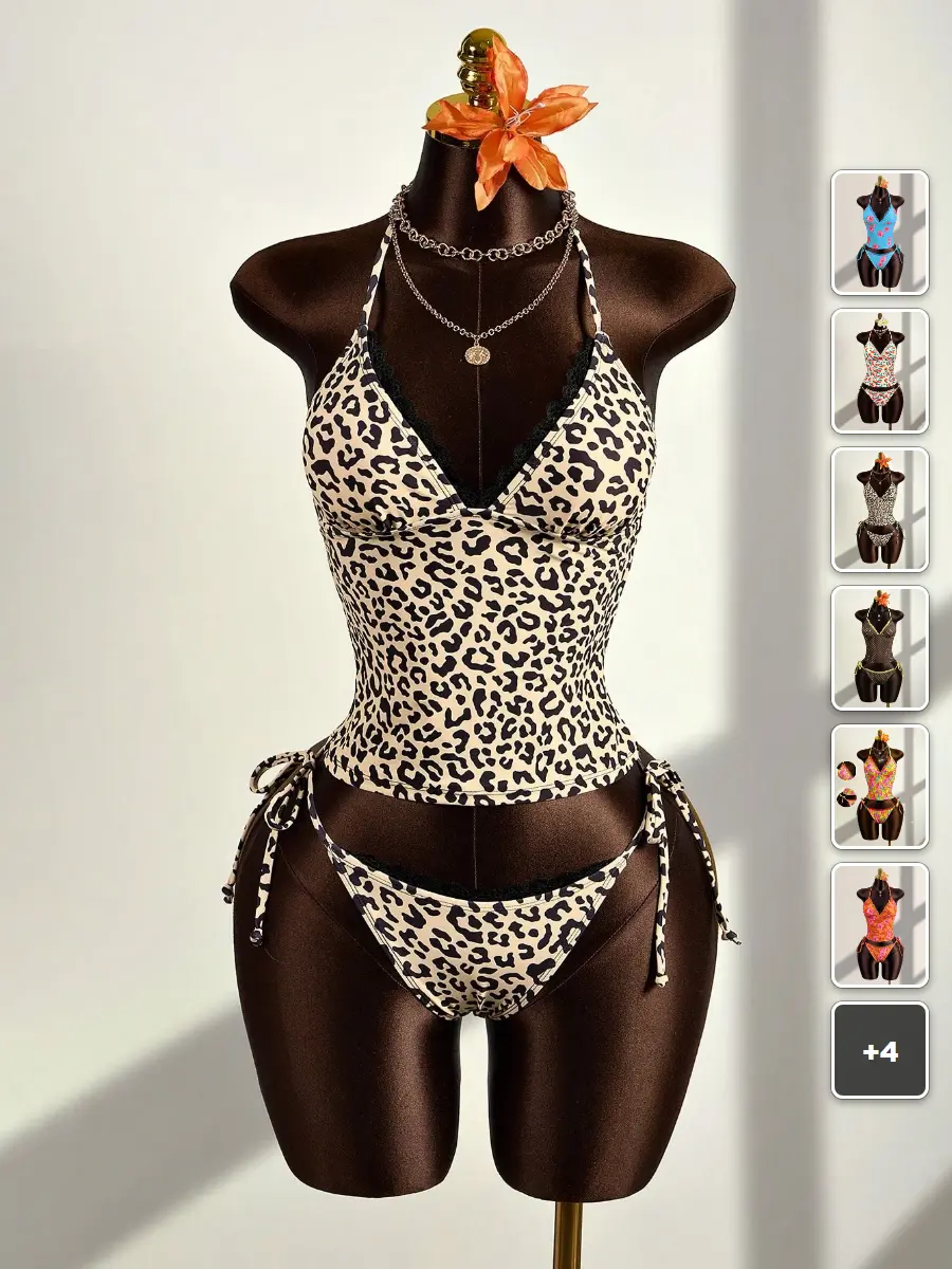 RUTMAN Leopard Print Bikini Set Spaghetti Strap Lace Trim Beach Vacation Summer