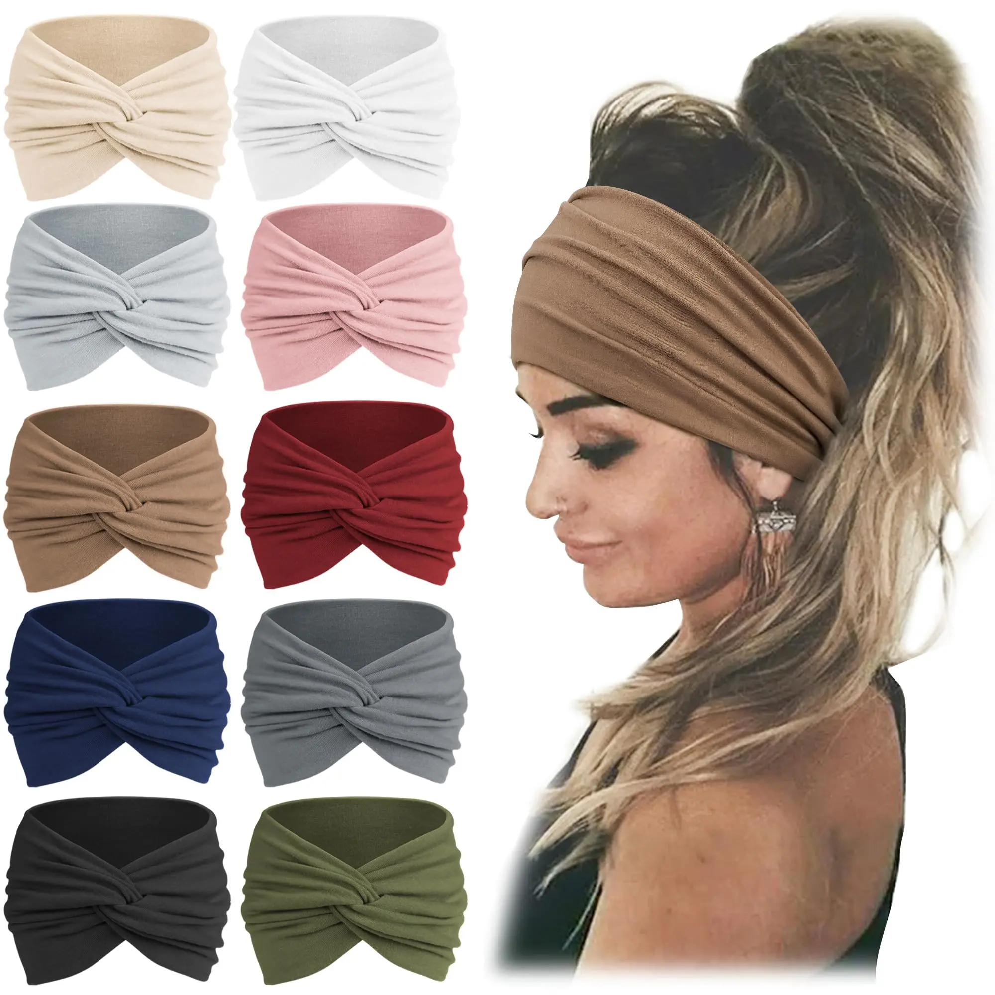 10 Pack Women's Wide Headbands – Soft Stretchy Turban Hair Bands, Non-Slip Twisted Headwraps for Yoga, Sports, Workout, Gym & Daily Hair Accessories