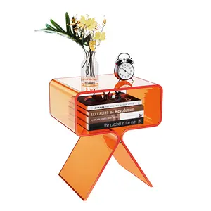 Acrylic Nightstand/End Table for Living Room and Bedroom with Transparent Edges Modern Design Orange Finish Modern Home Decor