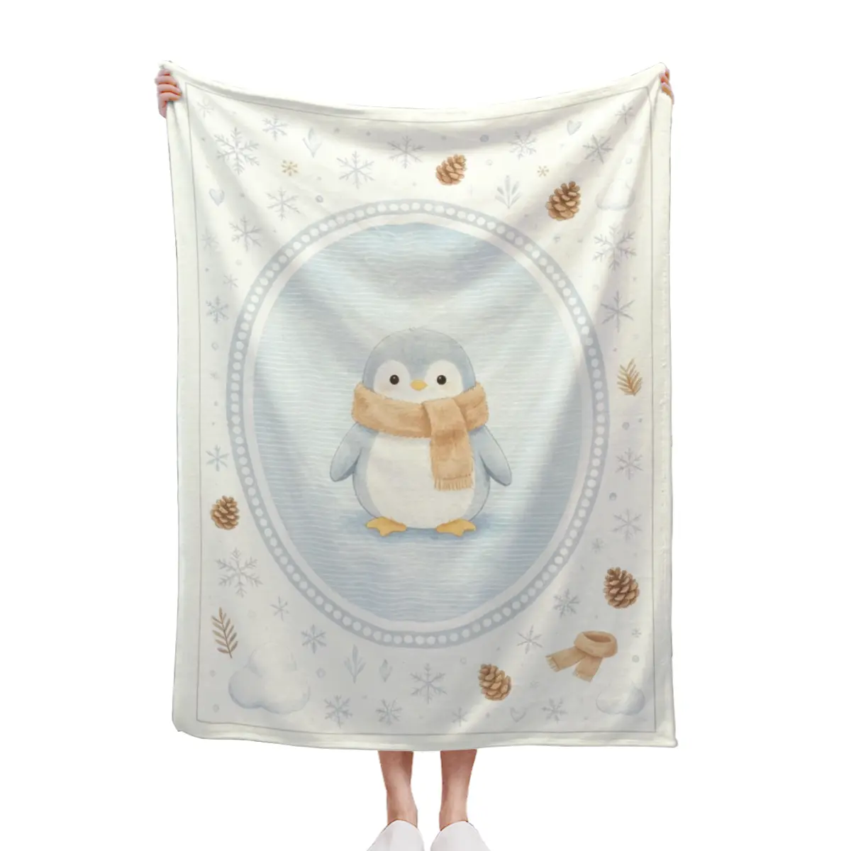 Soft Fleece Cute Penguin Snowflake Anti-Allergic Quilt, Light Blue Vintage Frame Design, Whimsical Room Decor for Cold Season Home Use, Anti-Allergic Quilts