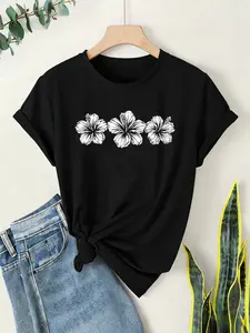 Women's Hawaiian Style Hibiscus Print Round Neck T-Shirt, Casual Fashion Graphic Top for Daily Wear, Four-Season Women's Clothing