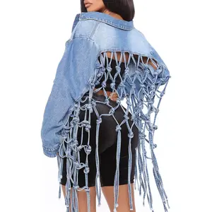 Womens Loose Long Fringe Denim Jacket Cropped Button Down Ripped Back Knotted Jean Coat