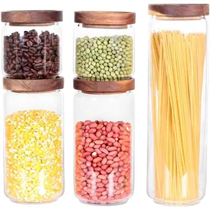 Canisters Set of 5 for the kitchen, Glass Storage Container jars with Airtight Lid for Coffee Beans, Flour, Sugar, Rice and Spaghetti and etc