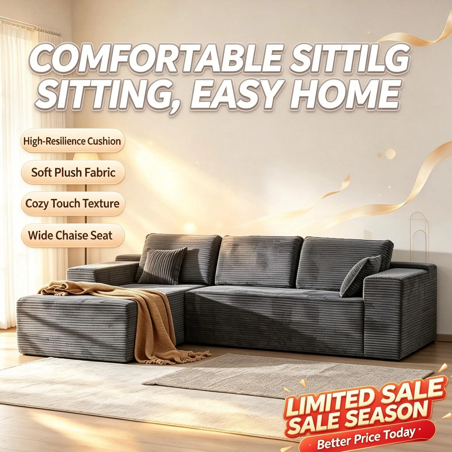 Modular L-Shaped Corduroy Sectional Sofa - Oversized Deep Seat Cloud Couch with High Resilience Foam, Fluffy Texture Soft Fabric Lounge Sofa with Chaise for Living Room Apartment, Minimalist Studio Apartment Setup Cozy Vibe, Vertical Stripe