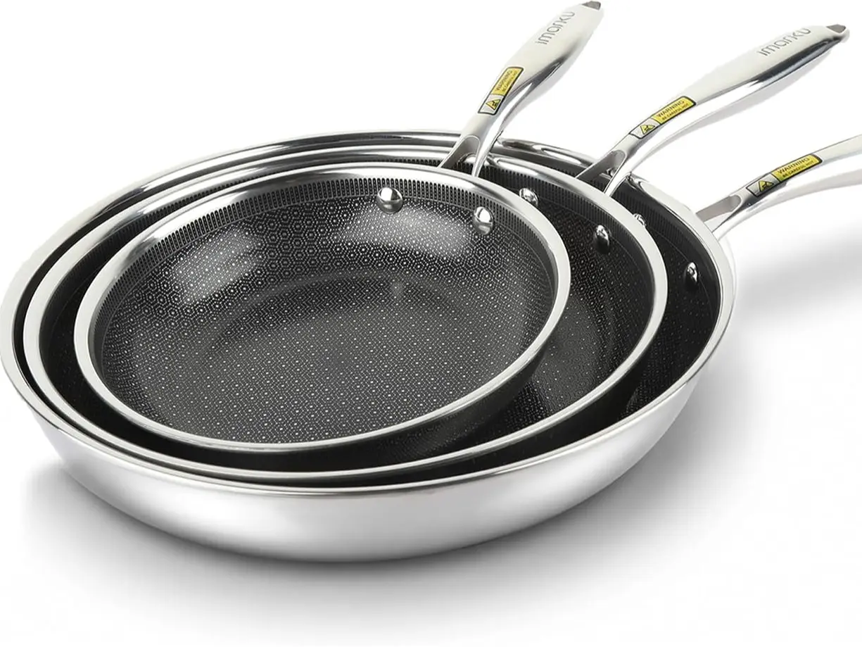 imarku 8, 10, 12 inch Hybrid Nonstick Frying Pan Set | PFAS-Free Ceramic Coating | Tri-ply 2.5mm Stainless Steel & Aluminum Build for Even Heating | Induction & Oven-safe to 500°F