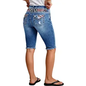Flamingals Star & Stripe Embroidery Raw Hem Ripped High Waist Denim Bermuda Shorts Stretchy 12.2'' Inseam
