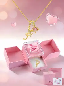 26 Letters Dopamine Women's CZ Birthstone Necklace, Exquisite Chain Jewelry, Personalized Initial Necklace, A-Z Initial Pendant with Exquisite Double-Door Preserved Rose Jewelry Gift Box, Ideal Gift for Wedding Anniversaries, Birthdays, Mother's Day