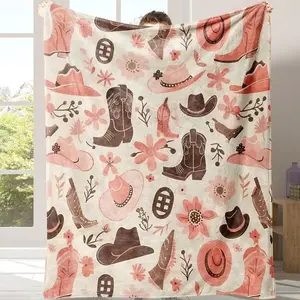 Cowboy Style Flannel Blanket, 1 Count Soft Warm Throw Blanket with Storage Bag, Warm Nap Blanket for Home Office Travel Camping