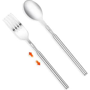 2 count Extendable Fork and Spoon 8.7 To 25.5in Stainless Steel Telescopic Fork Extendable Spoon Long Retractable Tableware Extends For Bbq Dinner Fruit Dessert Camping Travel