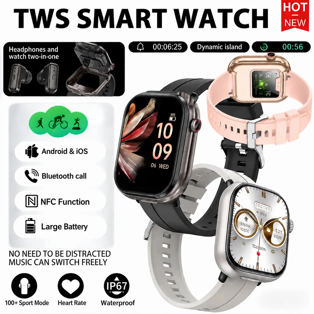 2 in 1 Smart Watch with Earbuds(Answer/Make Calls), Sports Watches with 100+ Sports Modes(Cycling/Fitness/Hiking), Pedometer, Calorie Tracking, Distance, Fitness Watch Compatible with Android iPhone, DIY Watch Faces for Men Women Husband Wife