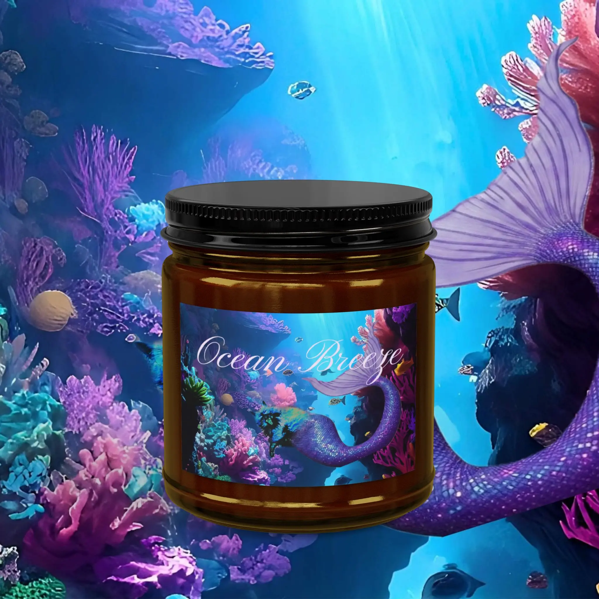 Ocean Breeze Soy Candle 4oz or 9oz Jar | Amber Glass Candle with Black Lid Mermaid Cat