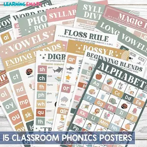 15 Pcs Boho Phonics Posters for Classroom (11"x17") ESL Classroom Decorations, Vowel Posters for School, Sound Wall Phonics Routine, Alphabet, Diphthongs, Word Families, Vowel Sounds