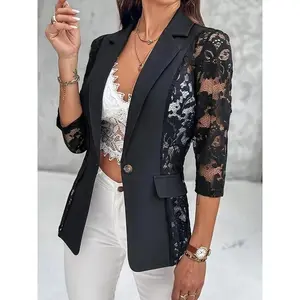 Women's Button Front Blazer, Elegant Fashion Casual 3/4 Sleeve Outerwear for Work Office Business, Ladies Clothes for All Seasons, Womenswear