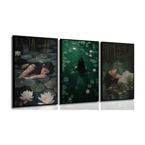 3pcs/set Moody Victorian Wall Art Woman in the Lake Posters Prints Floral Ophelia Dark Academia Painting pictures Gothic Woman Wall Decor Artwork for Wall Living Room Bedroom Home Decoration