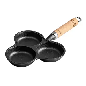 Cast Iron Egg Frying Pan with Wood Handle, Multifunctional Frying Pan, 3/4 Cup Non-Stick Egg Burger Cooker, Dumpling Mold & Pancake Griddle, Compatible with Gas & Induction Stoves