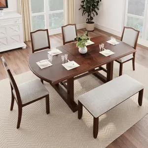 ARCH 6-Piece Dining Table Set, 60inch to 78inch Extendable Wood Dining Table with Removable Leaf, Kitchen Table Set with 4 Upholstered Side Chair and Bench, Dining Table Set for 6 (Cherry)    RR