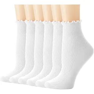 Womens Ruffle Socks Cute Frilly Ankle Socks Breathable Cotton Warm Soft Casual Crew Socks for Women 6 Pack