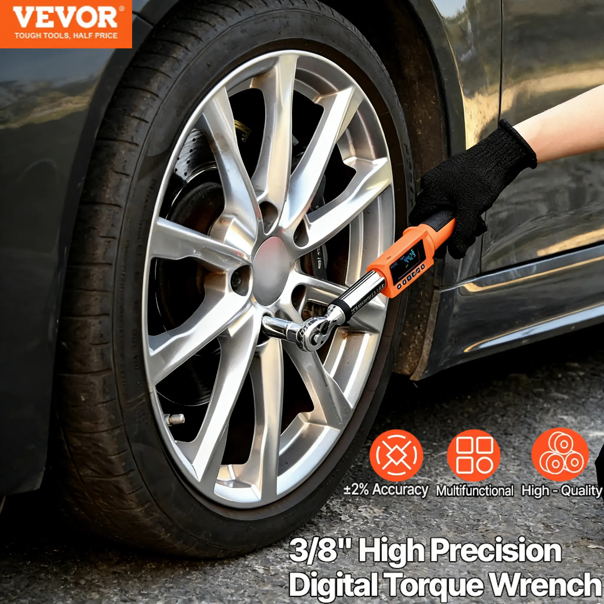VEVOR Digital Torque Wrench, 3/8-Inch Drive Electronic Tool, 4.94–99.57 Ft-Lb Range, 72-Tooth, ±2% Precise Wrench with Preset Function, Audible Alert, LED Indicator for Automotive and Motorcycle Use