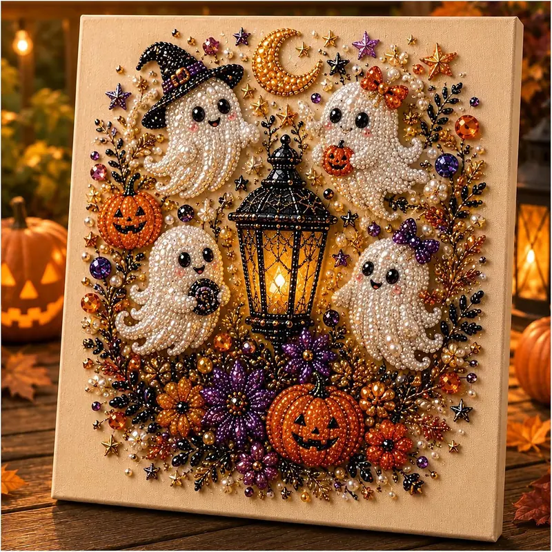 Halloween Pearl Art DIY Kit Spooky Cute 3D Pearl Diamond Crafts for Adults and Beginners Fall Home Decor Wall Art Creative Holiday Party Gift Halloween Ghost Pumpkin Cat Skull,Halloween gifts,(No photo frame)
