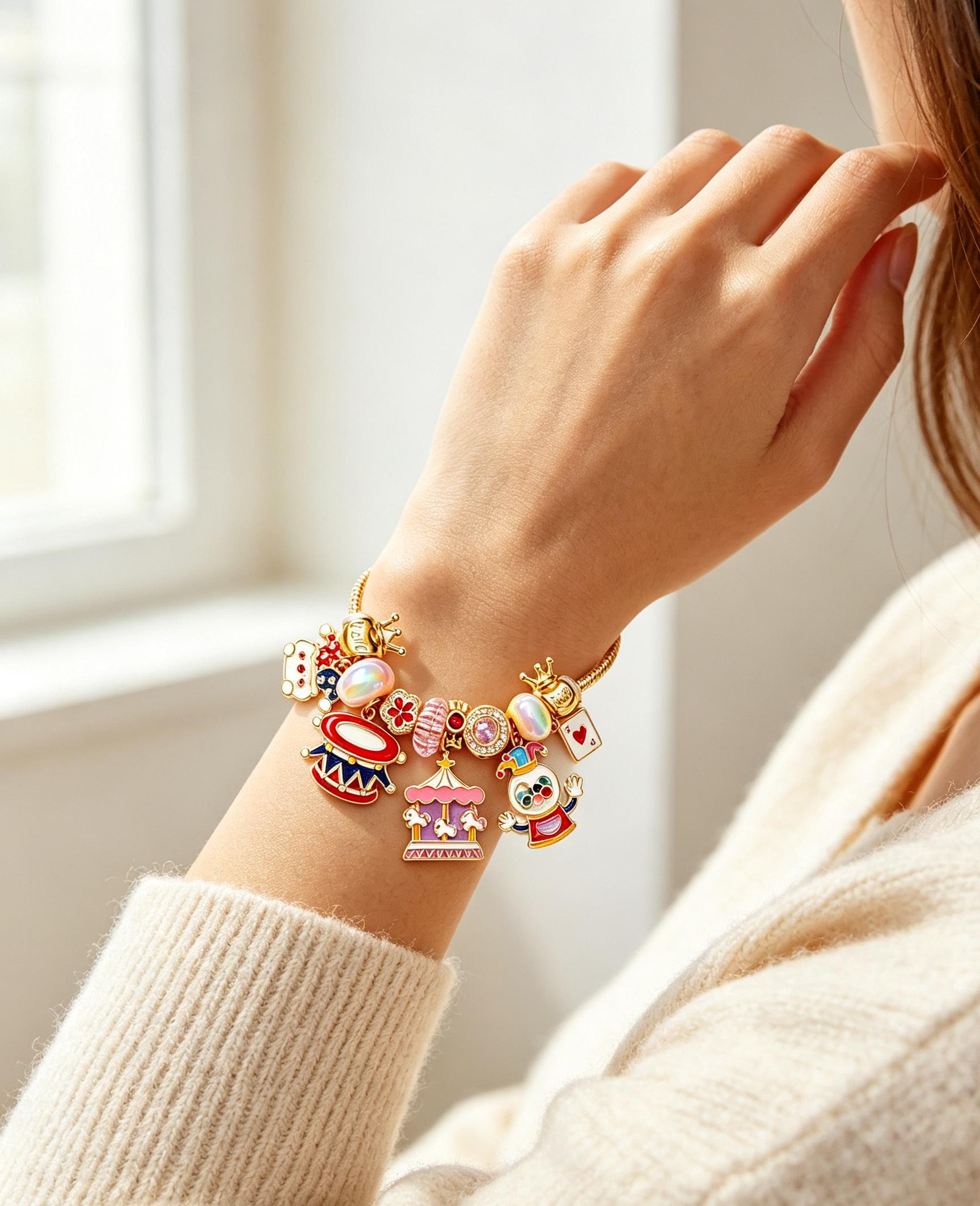 Circus Carnival Enamel Charm Bracelet, Gold Snake Chain Beaded Bracelet with Clown, Carousel, Drum & Playing Card Charms, Cute Cartoon Jewelry, Adjustable Bangle Gift for Women Girls