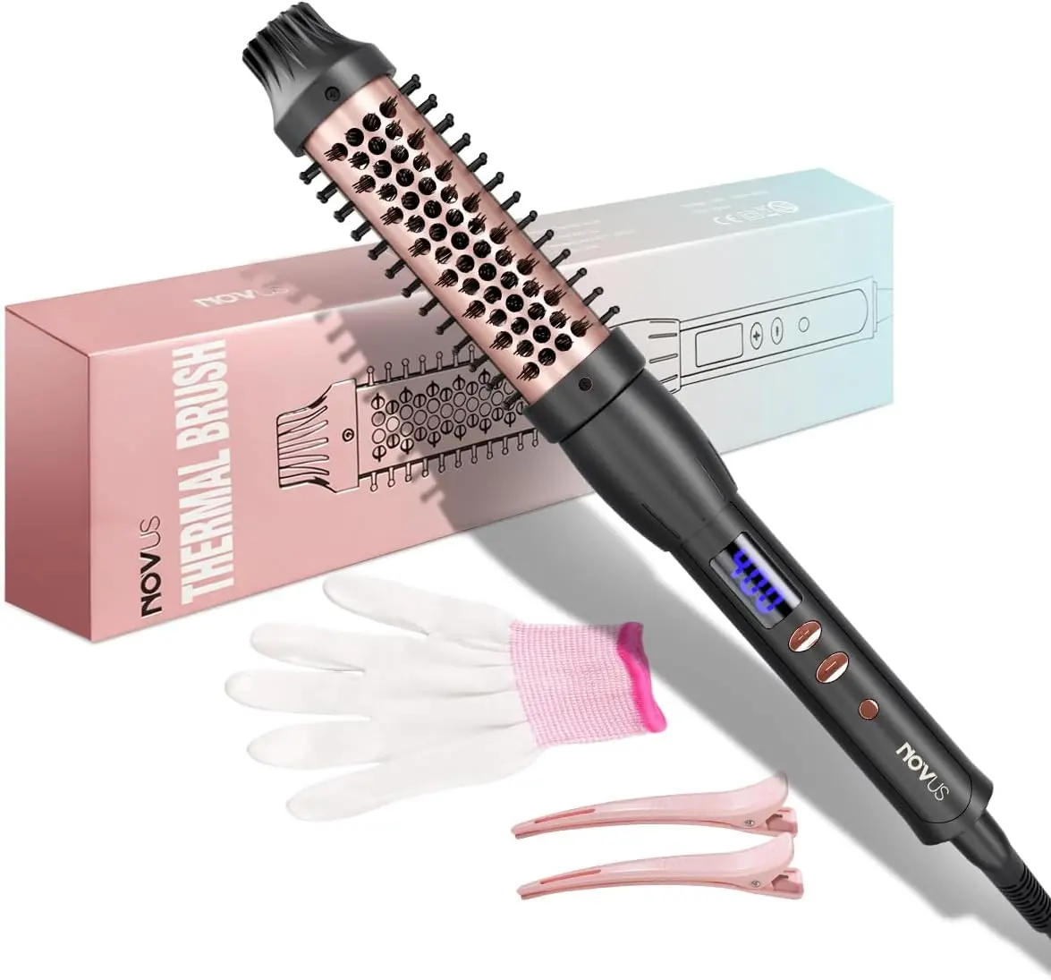NOVUS Heated Round Brush, 2-in-1 Volumizing Hair Straightener and Curler with Ionic Anti-Frizz Ceramic Barrel, 9 Temp Settings for All Hair Types, Hair Brush