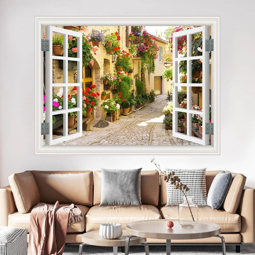 3D Fake Window Landscape Pattern Decorative Wall Sticker, Self-adhesive Wallpaper, Removable Waterproof Sticker for Living Room, Bedroom, Home Decoration, Design, Flower, Wall Art Stickers