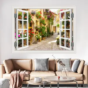 3D Fake Window Landscape Pattern Wall Sticker, Self-adhesive Wallpaper, Removable Waterproof Sticker for Living Room, Bedroom, Home Decoration, Design, Flower, Wall Art Stickers