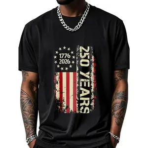Men's Classic Soft Smooth Short-Sleeve Round Neck Streetwear Tee, US 250th Anniversary 1776 American Flag 2D Printed, Casual Military Style, Blue-Black/Military Green Cotton, Suitable for Spring Summer