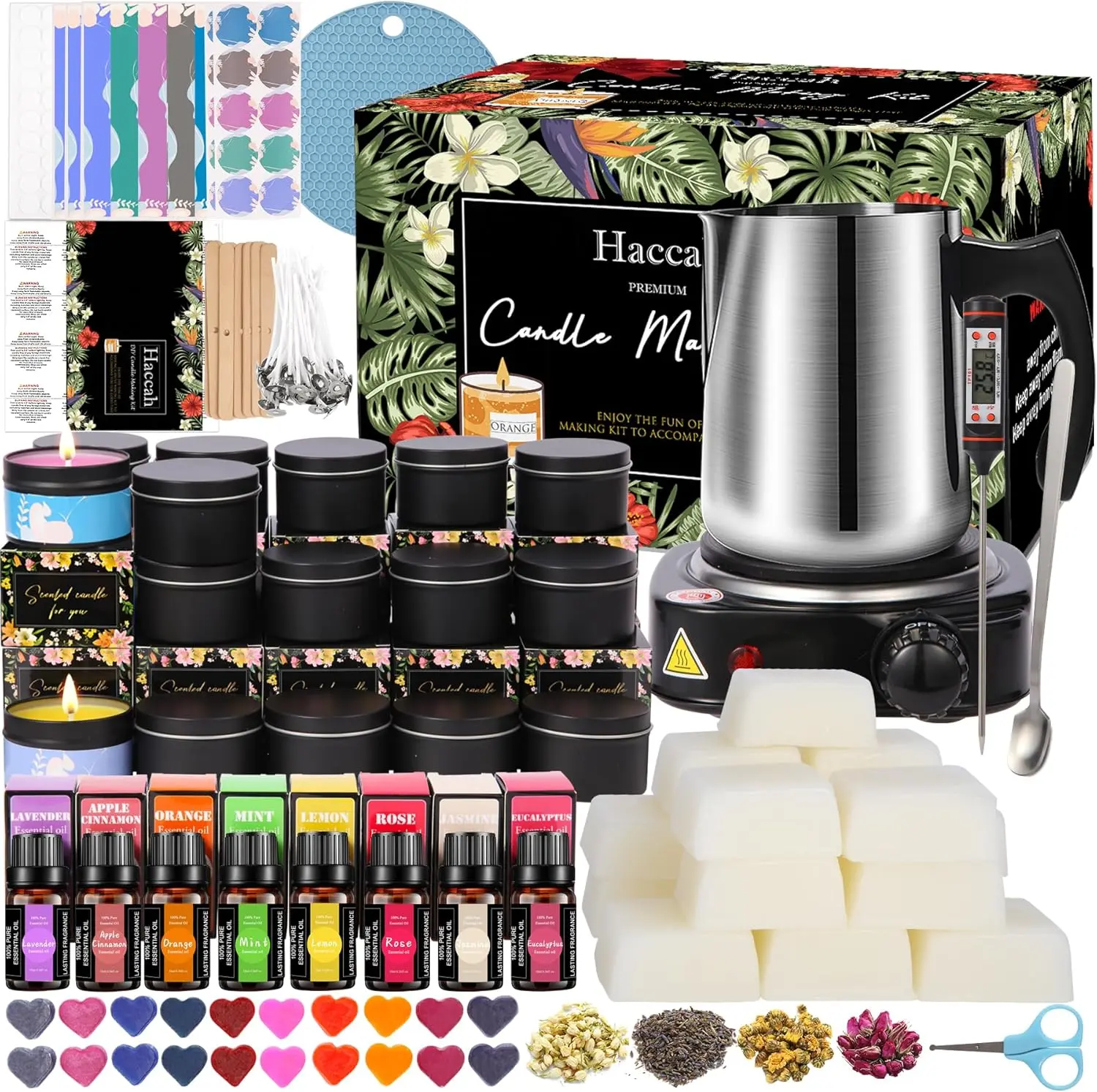 Complete Candle Making Kit for Adults Beginners - 500W Electric Stove, Wax Melter, Pouring Pot, Beeswax, 10 Dye Blocks, Wicks, Wick Clips, Rich Scents, Dried Flowers - DIY Arts & Crafts Gift (Toys & Hobbies), Friends, Family, Colorful, 2 Of Each Color, Na