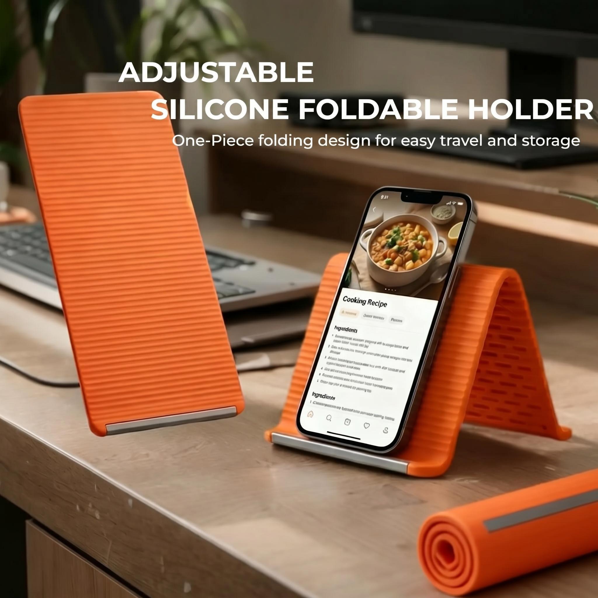 Multifunctional silicone folding mobile phone stand – ideal for frequent users of digital devices. Suitable for use on office desks, in the kitchen for following recipes, for portable storage whilst travelling, and as a non-slip mount in the car.