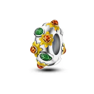 MULA Sunflower Spacer Beads, S925 Silver Plated Bright Enamel, Suitable for Pandora Bracelets and Necklaces, Ideal Natural Style Gift for Women and Girls on Birthdays, Mother's Day, Christmas