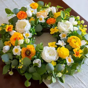 Bright Spring Wreath, Featuring Peonies, Roses, Narcissus, and Eucalyptus, Ideal for Porch and Entryway Decor, All-Season Decoration