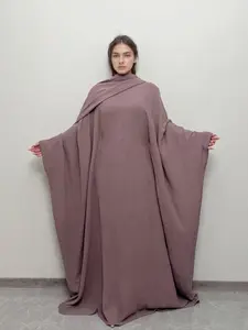 Women's Solid Batwing Sleeve Dress & Scarf Two-piece Set, Modest Long Sleeve Zipper Round Neck Dress & Hijabs Set, Women's Clothing for All Seasons