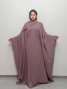 women's solid batwing sleeve dress & scarf two-piece set, modest style long sleeve zipper round neck dress & hijabs set, women's clothing for all seasons, fall dresses, dresses for women