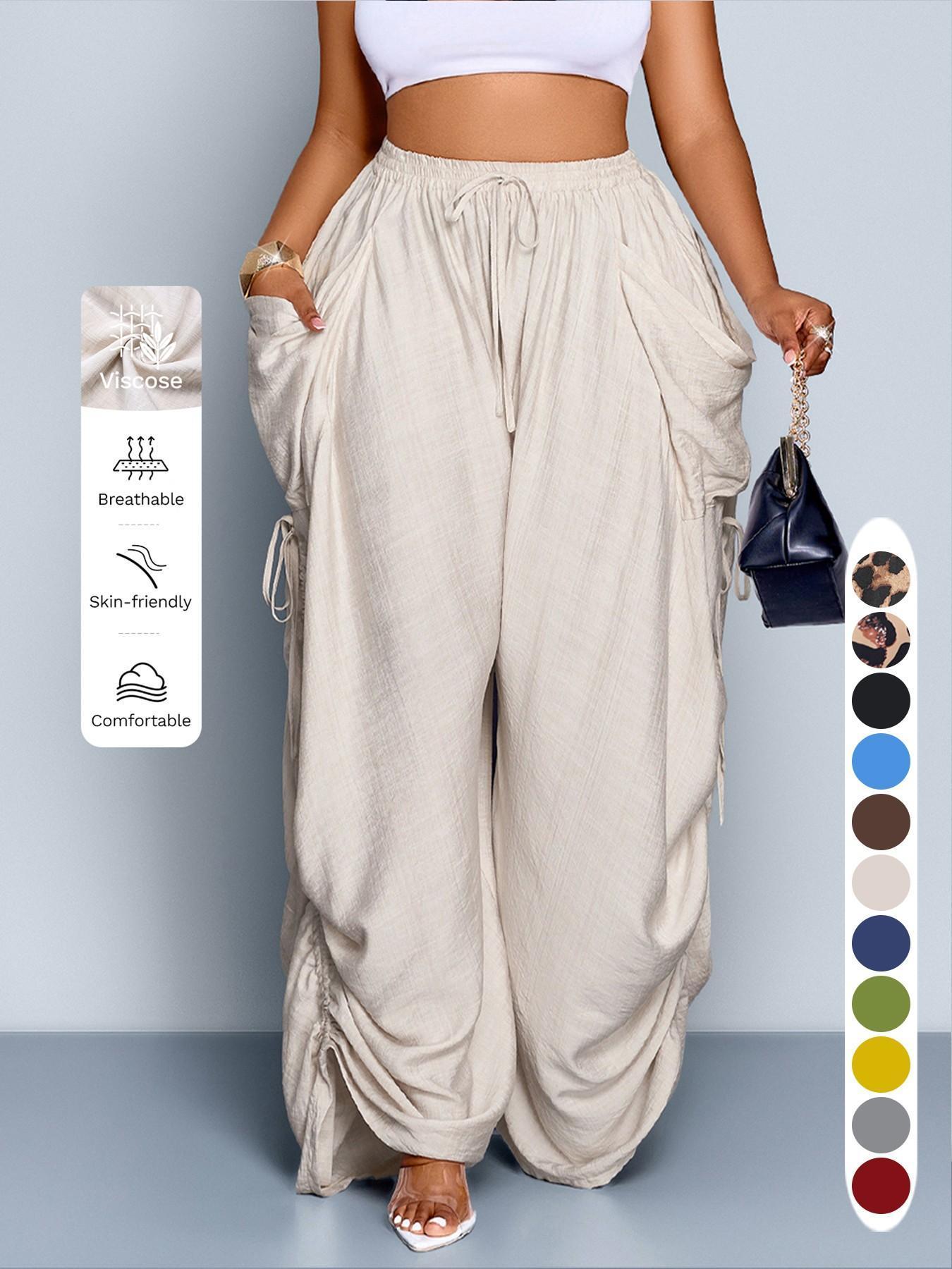 Women's Casual Loose-Fit High Waist Wide Leg Pants, All-Season Woven Fabric, Long Plain Design, Daily Commute & Vacation Wear