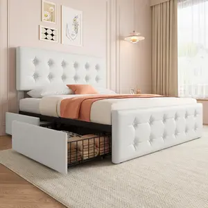 【Christmas Gift】White Queen Size Bed Frame with 4 Storage Drawers and Headboard, PU Upholstered Platform Bed Frame with Stitched Button Tufted Design, Wooden Slats Support, No Box Spring Needed