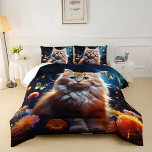 3pcs Fluffy Cat Comforter Set, Animal Duvet Set for Girls and Adults Bedroom or Guest Room Decor, Luxury Soft All Seasons Comforter Machine Washable Microfiber Quilt with 2 Pillowcases , Gifts for the Family