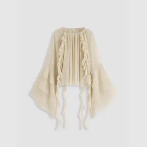Cider Chiffon Ruffle Hem See-through Bell Sleeve Blouse
