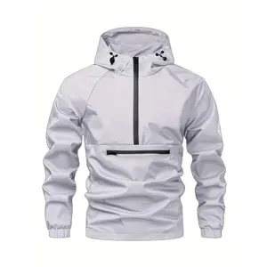 Men's Windproof High Quality Jacket - Heavy-Duty Full-Zip Hooded Coat, Long Sleeve with Side Pockets - Lightweight Anorak for Running, Hiking, Travel, Outdoor Activities - Black with Zipper Accent, Running Rain Gear, Minimalistic Design, Durable Rainwear