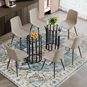 Dining Table and Chair Set. Includes a 71-inch oval tempered glass dining table with a black double-column design, exuding a touch of understated luxury; and comes with 6 or 8 PU leather dining chairs with wide, curved seat cushions for a comfortable fit.