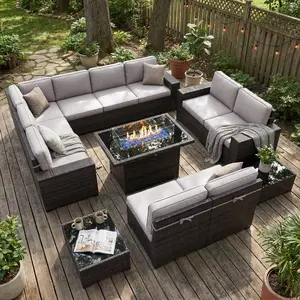 【7 Packages Shipping】LayinSun 13 Pieces Outdoor Patio Furniture Set with 44" Fire Pit Table Brown Rattan Sectional Sofa Conversation Sets summervibes