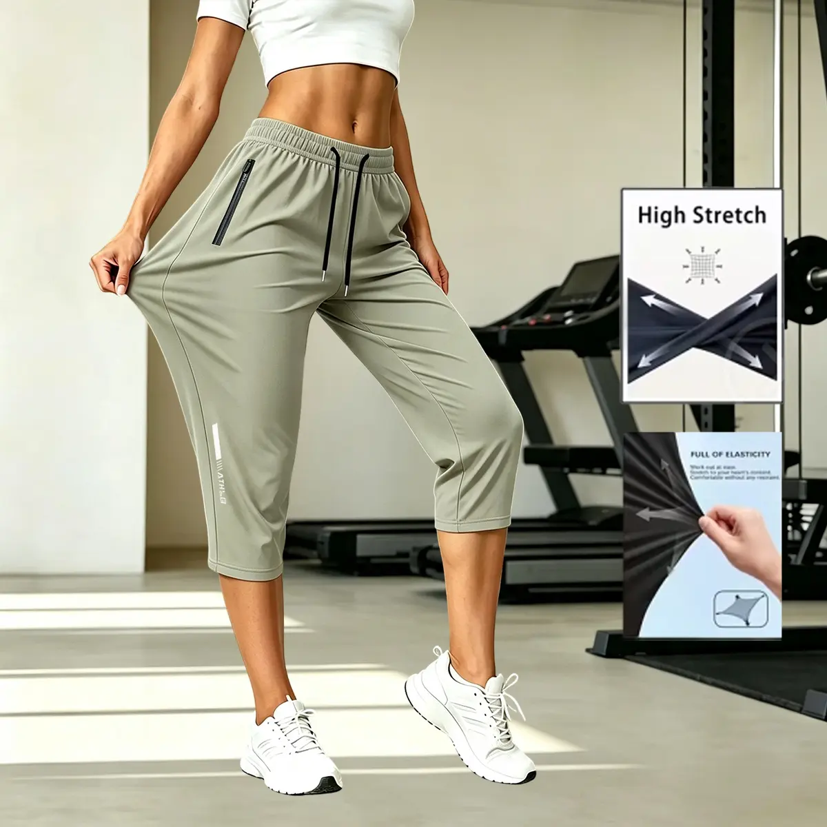 Women’s summer casual athletic capri pants with printed cuffs, available in multiple colors, machine washable, slightly stretchy, with two pockets—suitable for workouts, yoga, jogging, sports, and everyday casual wear.