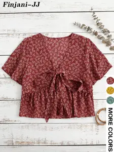 Small Floral V Neck Bow Short Top Blouse, French Ruffle Flare Sleeve Design, Waist Cinching Slimming, Perfect for Casual Romantic