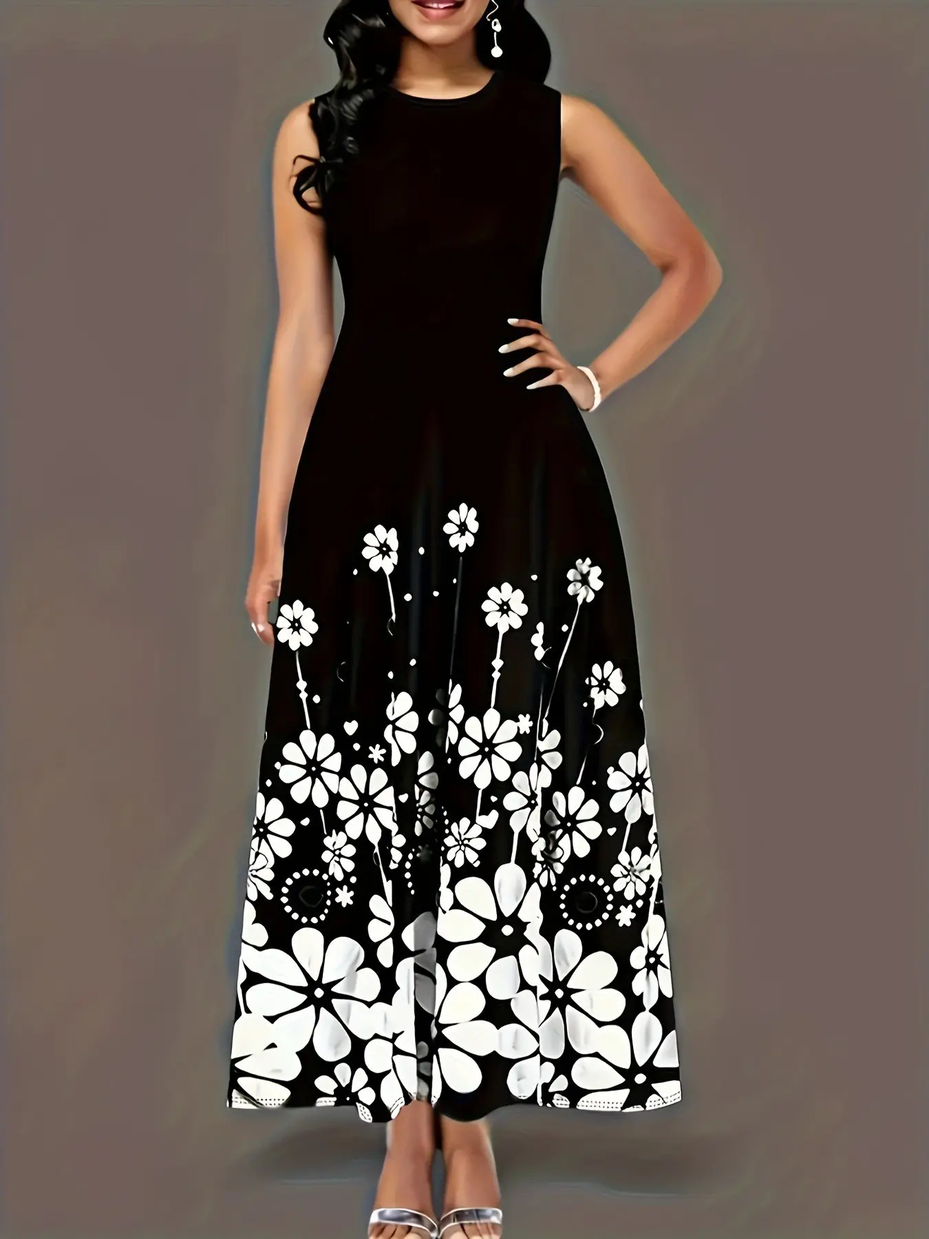 New Summer Fashion Sleeveless Black Print Floral Loose Round Neck Simple Elegant Maxi Dress, Casual Style, Perfect for Daily Wear, Womenswear, Women's Clothing