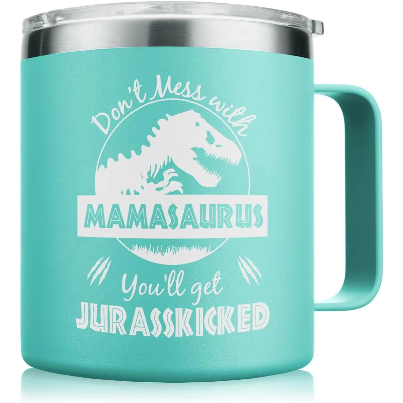 Funny Christmas Gifts for Mom, Mamasaurus Tumbler 14oz with Lid, Keeps Coffee/Wine Hot Cold, Unique Stocking Stuffer for Wife from Husband/Kids​