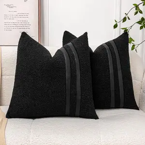 18x18 Black Pillow Covers Set of 2 Textured Boucle Accent Pillow Cases with Faux Leather Striped Square Cushion Cover for Bed Couch Sofa Living Room  Decor