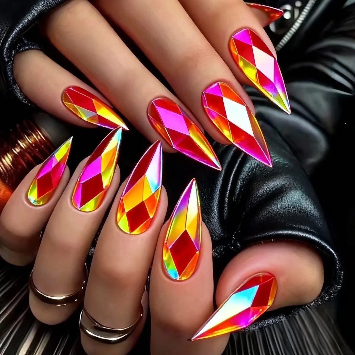 3D fake nails Holographic Plated Metallic glossy rhombus rose golden yellow silver champagne almond nail tips press on nail art